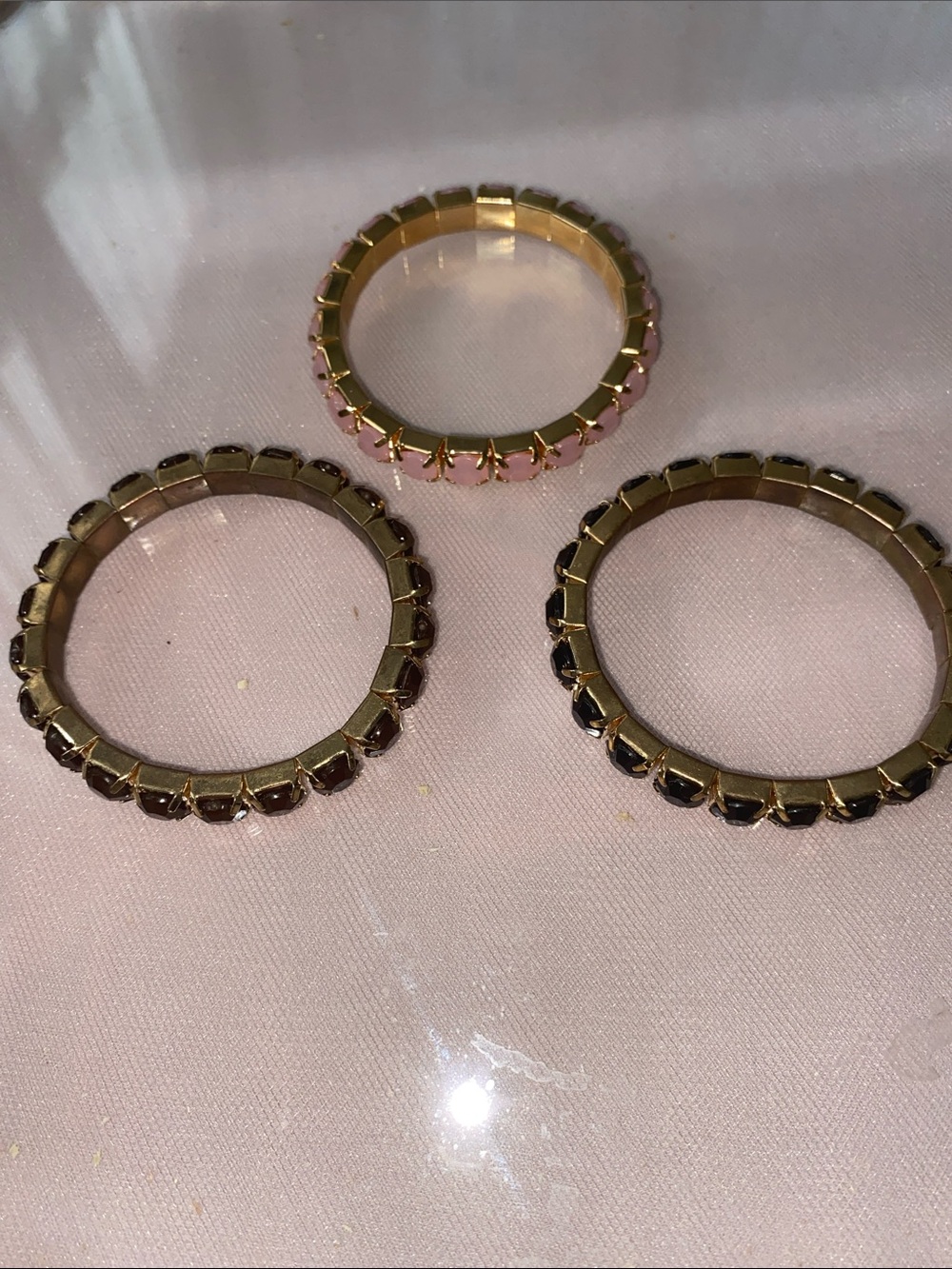 Gold Stretch Bracelet set. with Pink and Black and dark brown Stones. Stack of 3